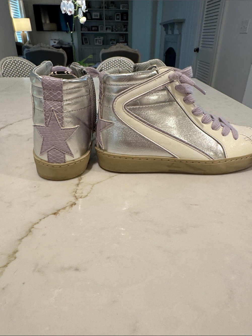 Kids Metallic Silver High-Top Sneakers with Lilac Star Accents from ShuShop